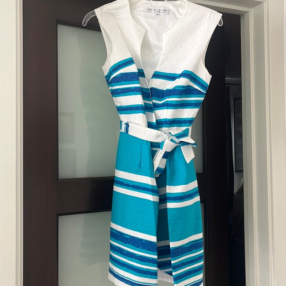 Trina Turk sleeveless blue and white stripe belted dress- size 0